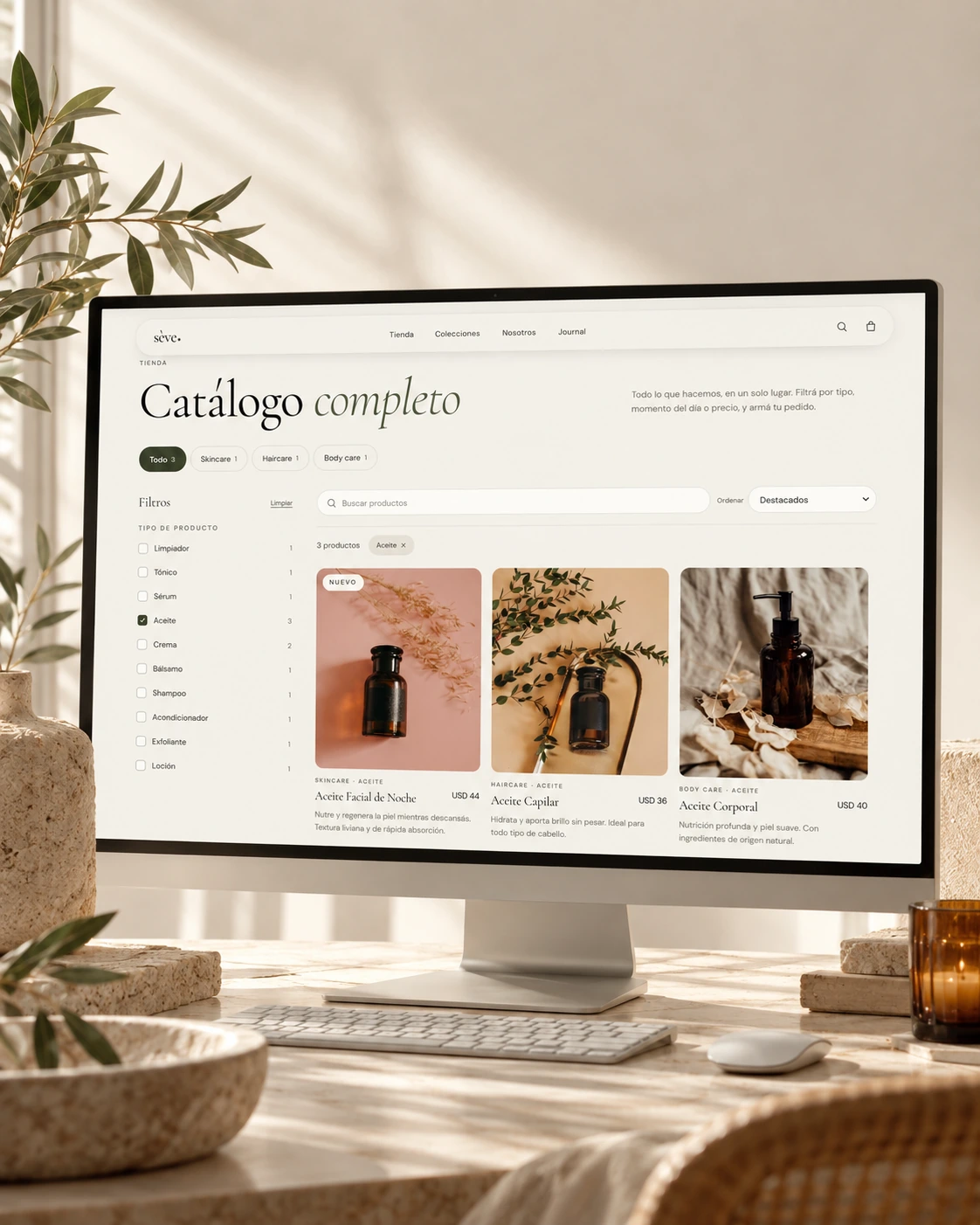 Catálogo de Sève con filtros y productos en un monitor